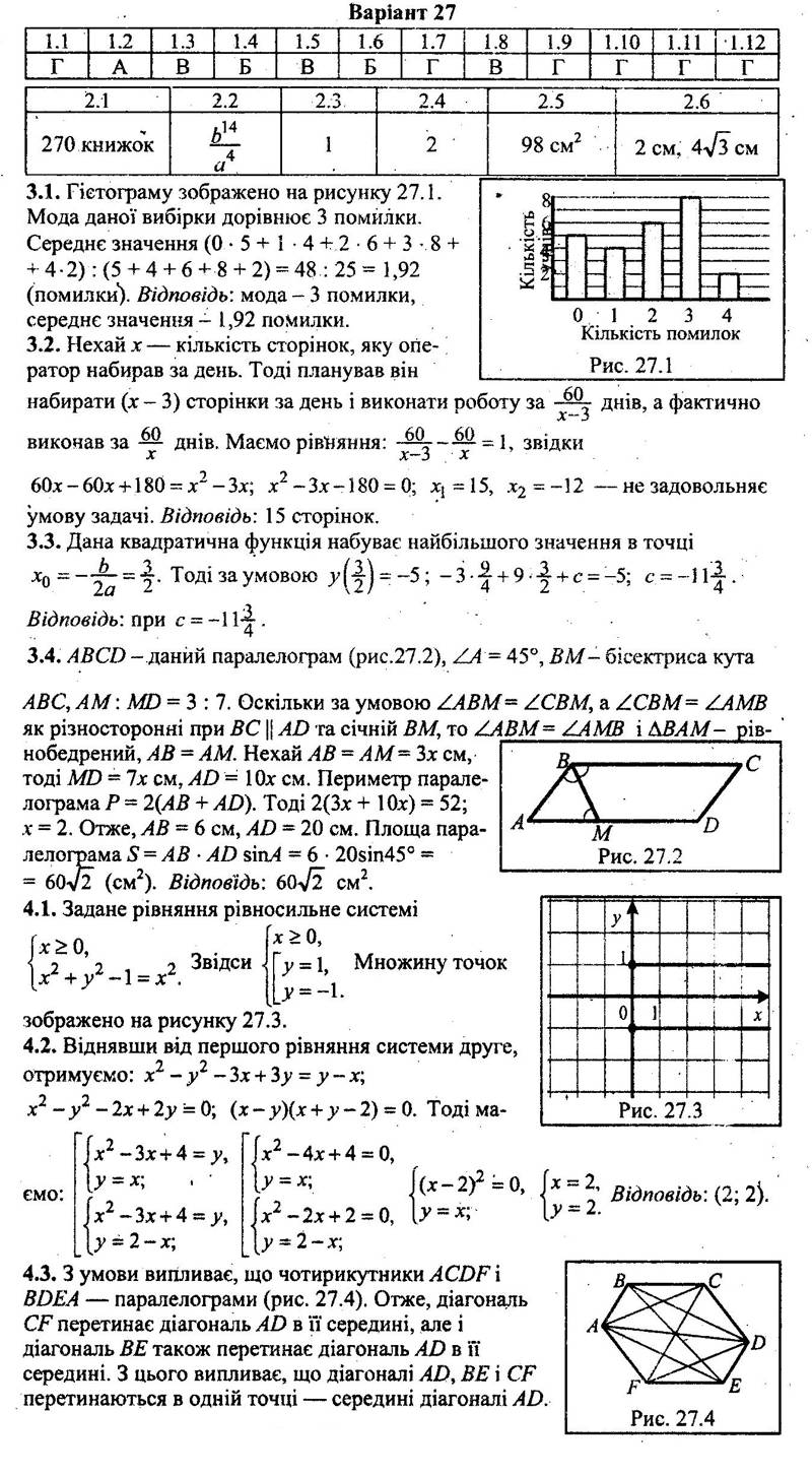 ГДЗ (відповіді) Варіант 27 9 клас ДПА-2022 Математика Мерзляк (збірник завдань) 2018 рік