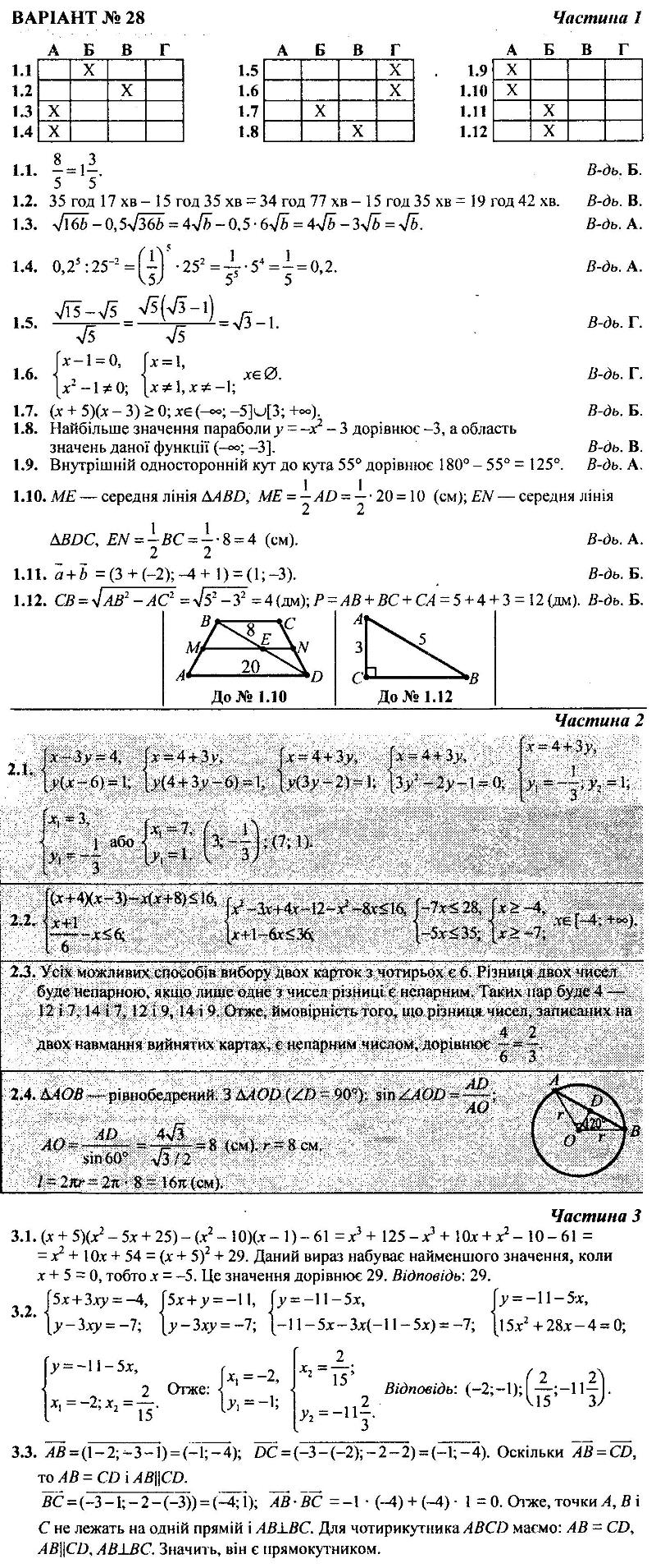 ГДЗ (відповіді) Варіант 28 9 клас ДПА-2018 Математика Березняк (підсумкові контрольні роботи)