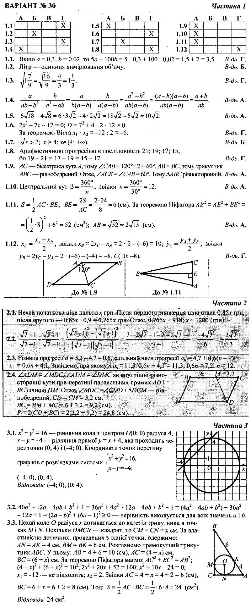 ГДЗ (відповіді) Варіант 30 9 клас ДПА-2018 Математика Березняк (підсумкові контрольні роботи)
