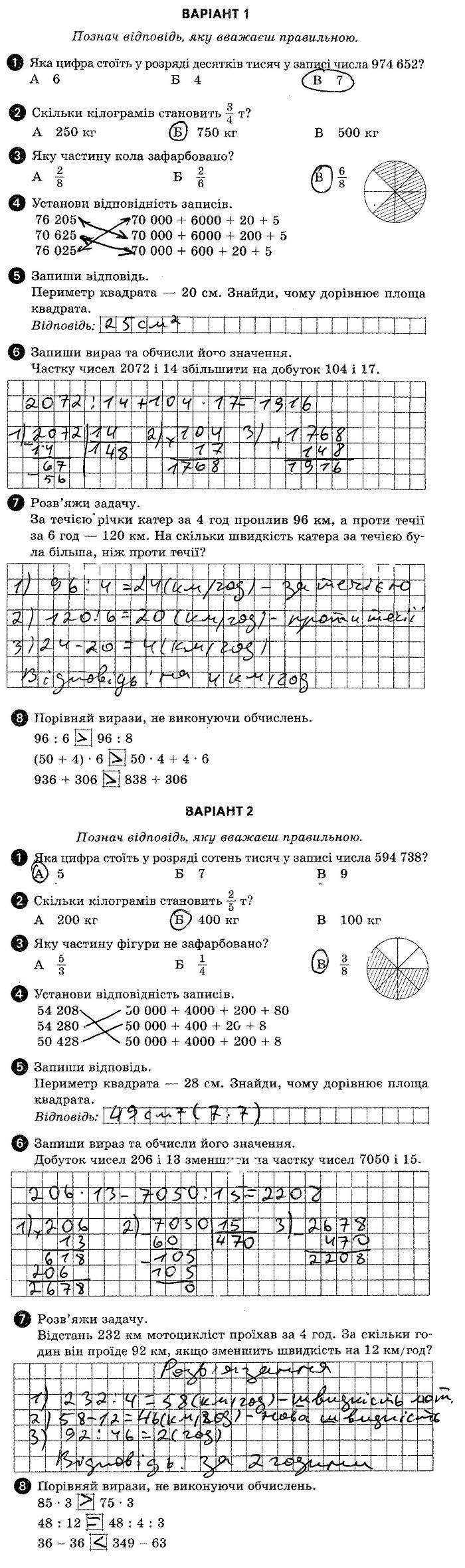 ГДЗ (відповіді) Тестова контрольна робота 2 4 клас ДПА-2019 Математика Шевченко (підсумкові контрольні роботи)