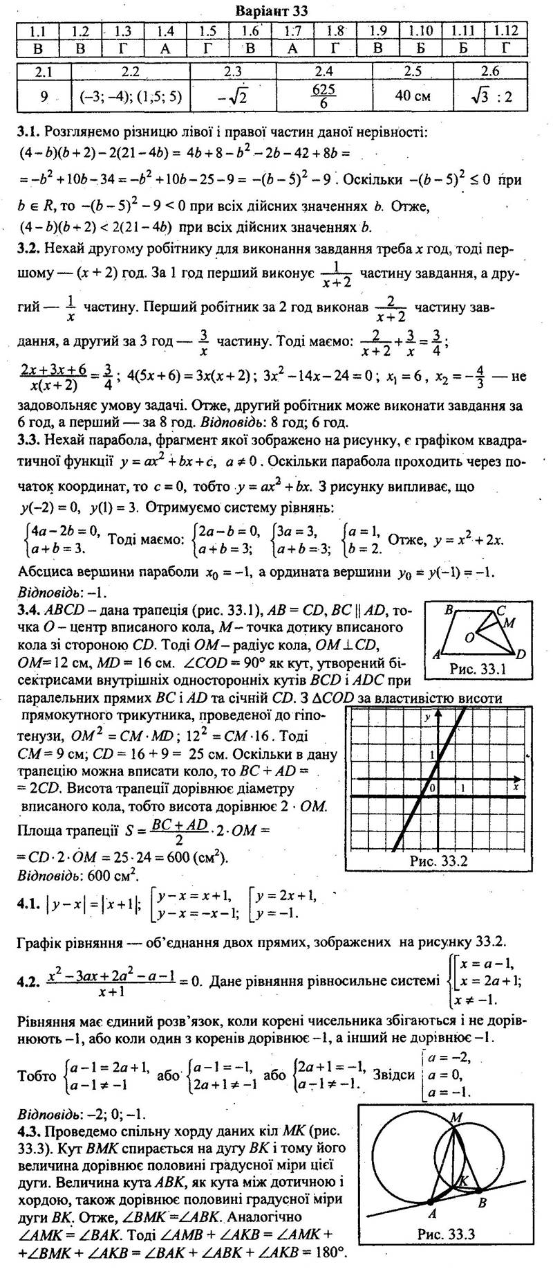Розв‘язання завдань варіанта 33 до посібника 9 клас Математика. Збірник завдань для ДПА, Мерзляк